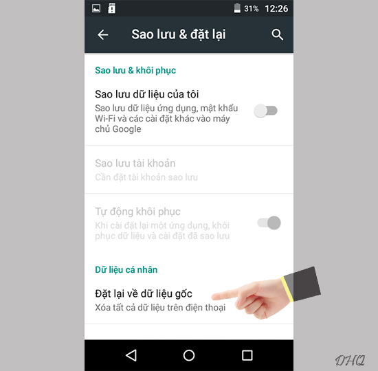 Chọn đặt lại về dữ liệu gốc